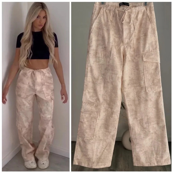 ZARA PRINTED CARGO PANTS PINK WHITE Size Small Wide Leg excellent condition - Picture 5 of 13